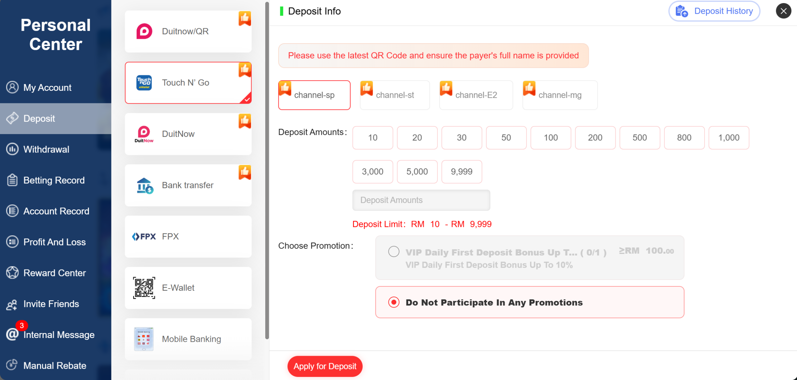 BC8 MYR deposit methods for claiming promotions